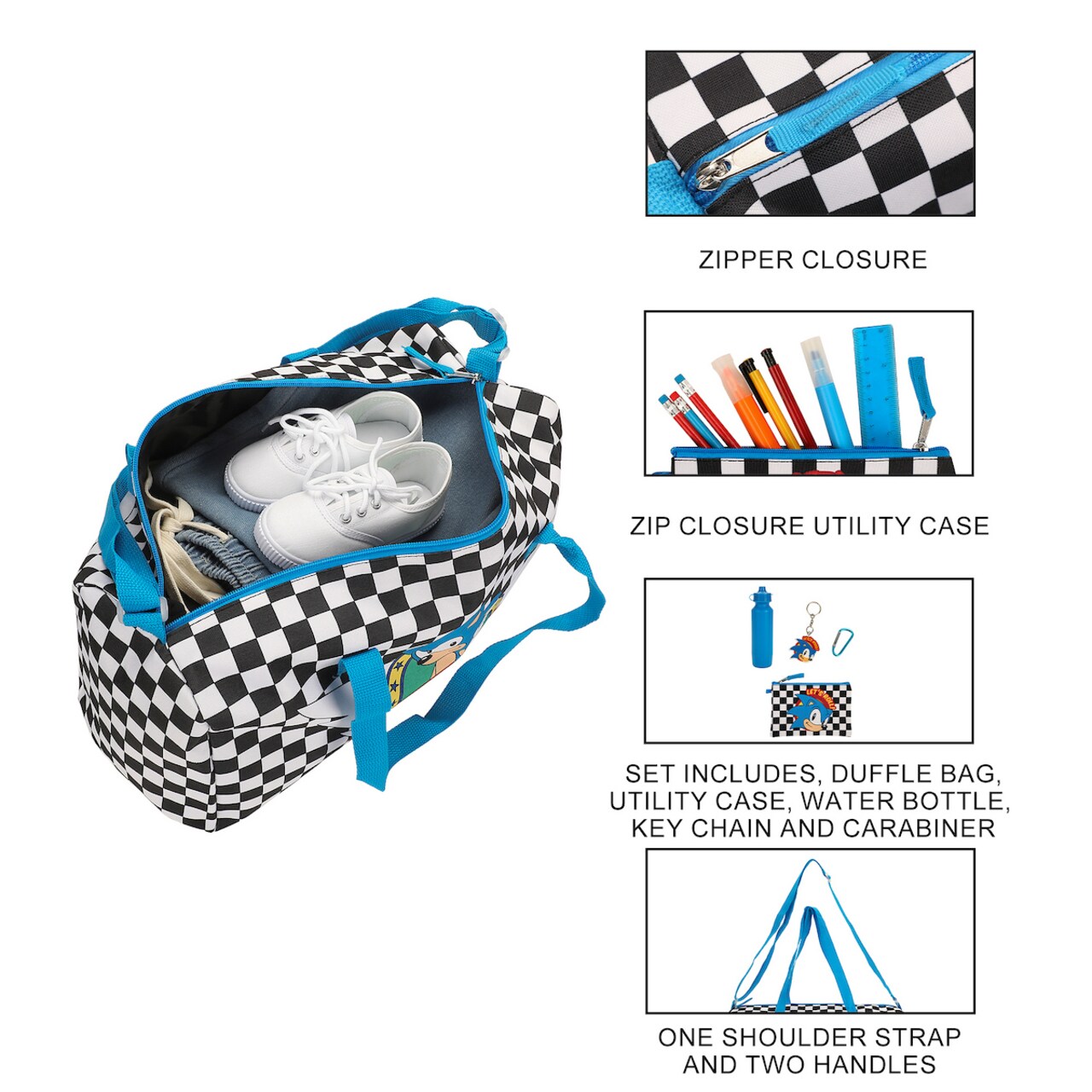 Sonic The Hedgehog Classic 5-Pc Duffle Bag, Utility Case, Water Bottle, Key Chain and Carabiner